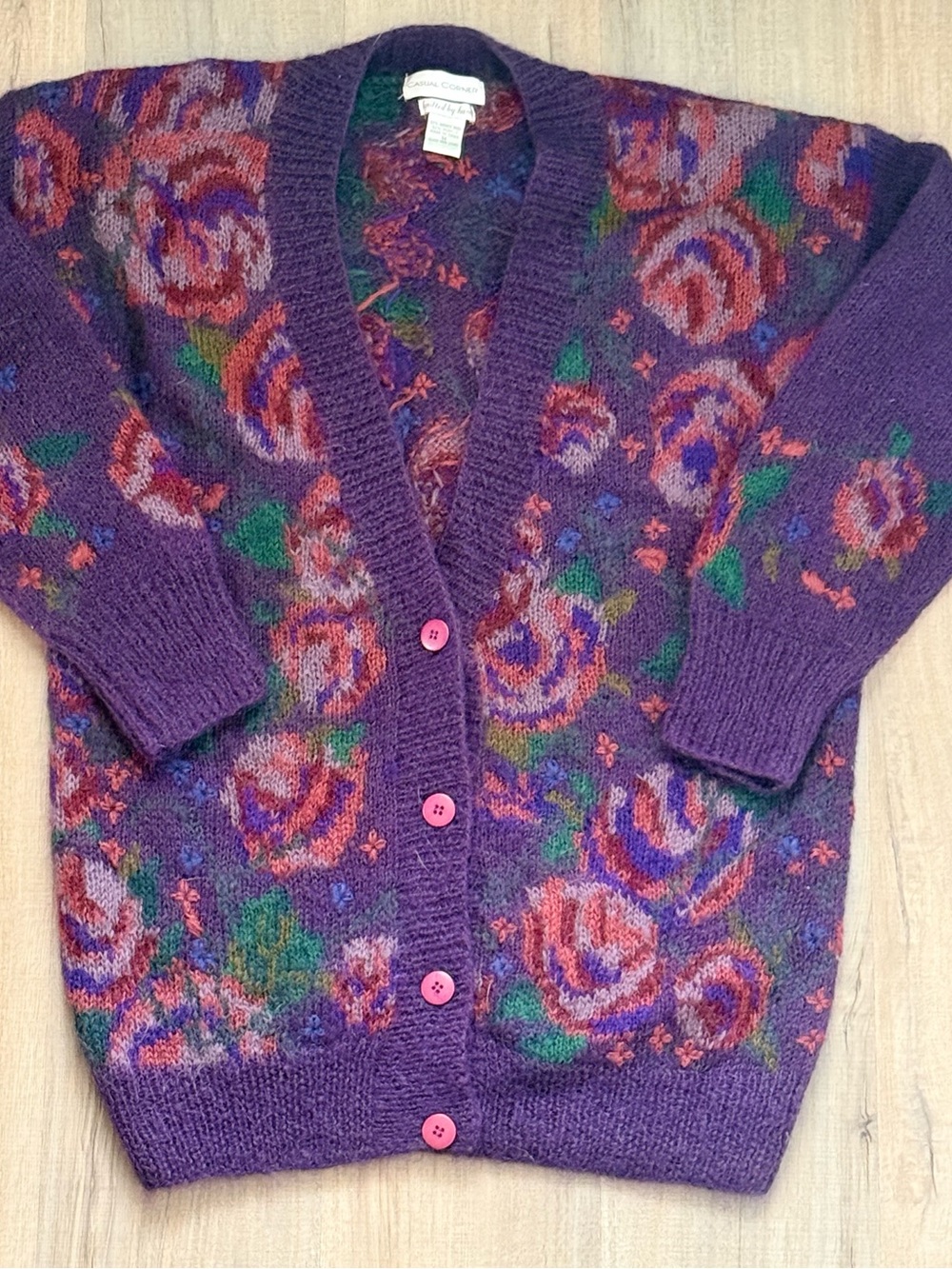 Casual Corner Vintage 90’s Purple Floral Rose Hand Knit Mohair Wool Cardigan